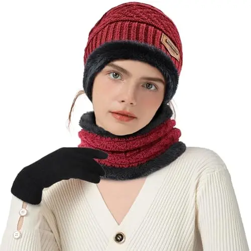 Winter Beanie Hat Circle Scarves Touchscreen Gloves Set, Warm Thick Fleece Lined Skull Cap Gloves Neck Warmer for Women Men - 2
