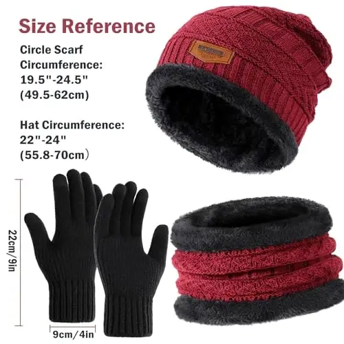 Winter Beanie Hat Circle Scarves Touchscreen Gloves Set, Warm Thick Fleece Lined Skull Cap Gloves Neck Warmer for Women Men - 3