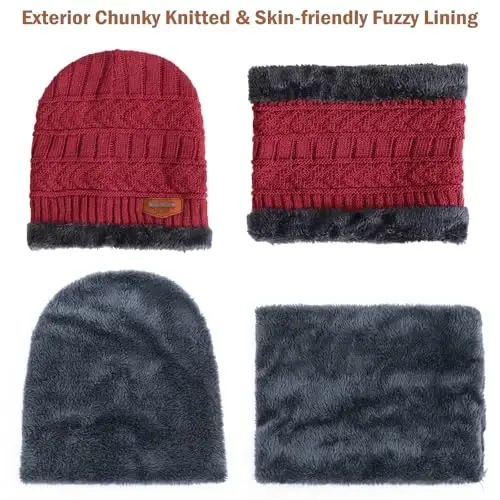 Winter Beanie Hat Circle Scarves Touchscreen Gloves Set, Warm Thick Fleece Lined Skull Cap Gloves Neck Warmer for Women Men - 4