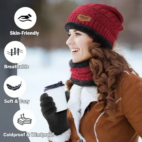 Winter Beanie Hat Circle Scarves Touchscreen Gloves Set, Warm Thick Fleece Lined Skull Cap Gloves Neck Warmer for Women Men - 6