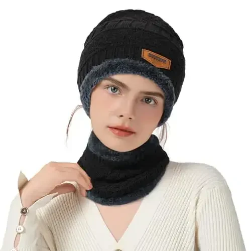 Winter Beanie Hat Circle Scarves Touchscreen Gloves Set, Warm Thick Fleece Lined Skull Cap Gloves Neck Warmer for Women Men - TRIFABRICY (1)