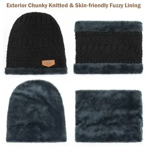 Winter Beanie Hat Circle Scarves Touchscreen Gloves Set, Warm Thick Fleece Lined Skull Cap Gloves Neck Warmer for Women Men - 4