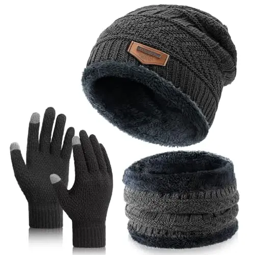 Winter Beanie Hat Circle Scarves Touchscreen Gloves Set, Warm Thick Fleece Lined Skull Cap Gloves Neck Warmer for Women Men - 1
