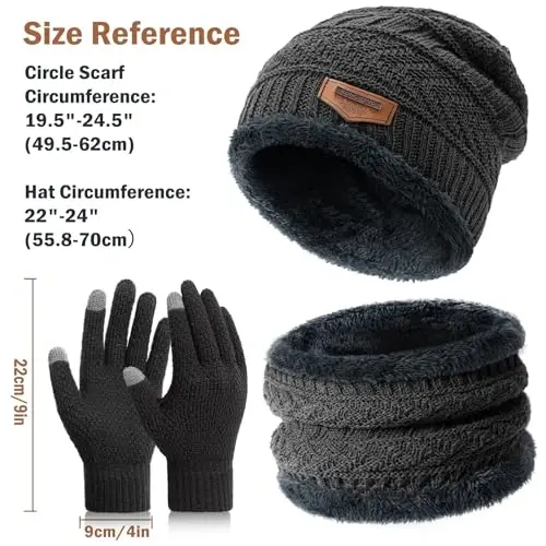 Winter Beanie Hat Circle Scarves Touchscreen Gloves Set, Warm Thick Fleece Lined Skull Cap Gloves Neck Warmer for Women Men - 3