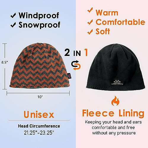 Winter Beanie Hat for Men Women Fleece Lined Thick Warm Plaid Knitted Skull Beanie Reversible Outdoor Windproof Ski Watch Cap - 9