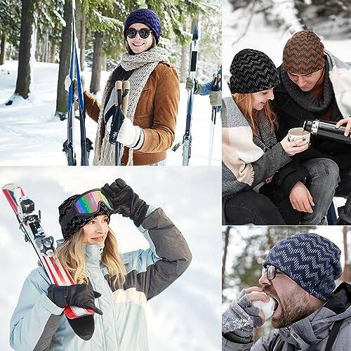 Winter Beanie Hat for Men Women Fleece Lined Thick Warm Plaid Knitted Skull Beanie Reversible Outdoor Windproof Ski Watch Cap - 11