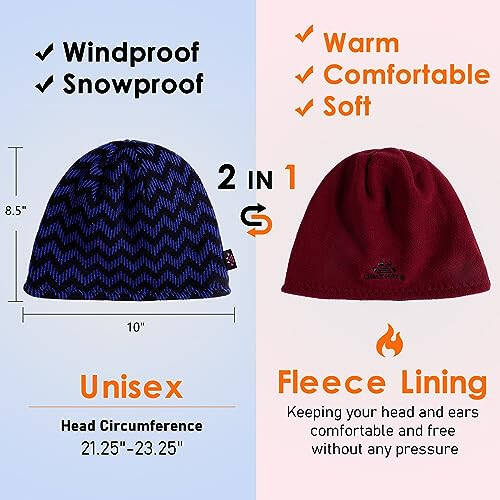 Winter Beanie Hat for Men Women Fleece Lined Thick Warm Plaid Knitted Skull Beanie Reversible Outdoor Windproof Ski Watch Cap - 5