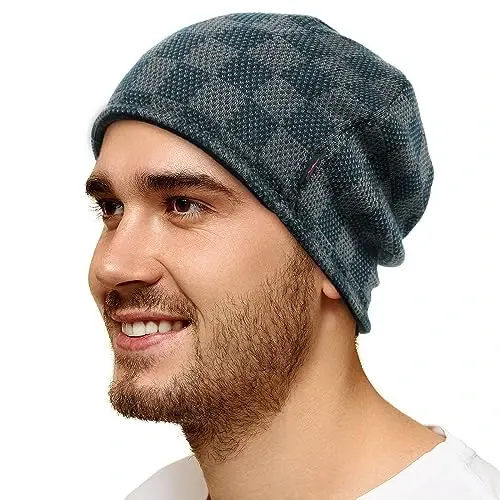 Winter Beanie Hat for Men Women Fleece Lined Thick Warm Plaid Knitted Skull Beanie Reversible Outdoor Windproof Ski Watch Cap - 3
