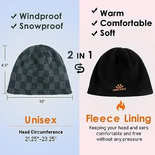 Winter Beanie Hat for Men Women Fleece Lined Thick Warm Plaid Knitted Skull Beanie Reversible Outdoor Windproof Ski Watch Cap - 5