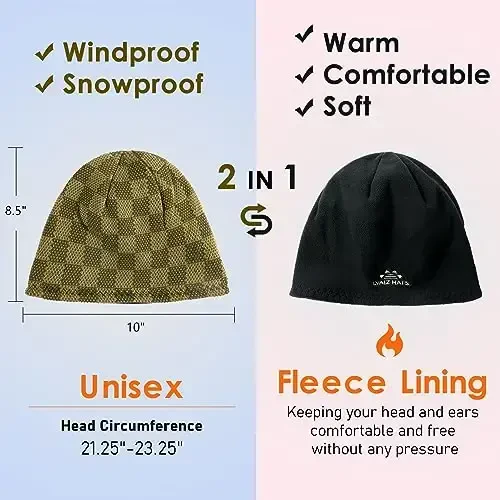 Winter Beanie Hat for Men Women Fleece Lined Thick Warm Plaid Knitted Skull Beanie Reversible Outdoor Windproof Ski Watch Cap - 5