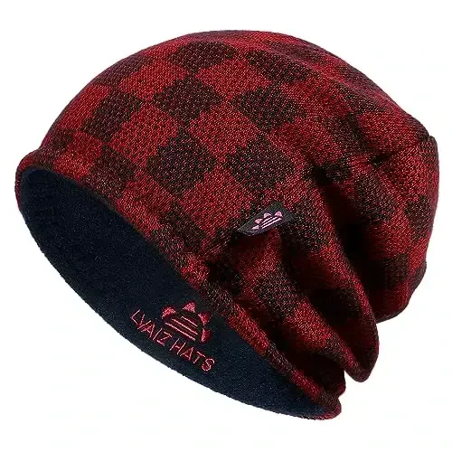 Winter Beanie Hat for Men Women Fleece Lined Thick Warm Plaid Knitted Skull Beanie Reversible Outdoor Windproof Ski Watch Cap - Winter