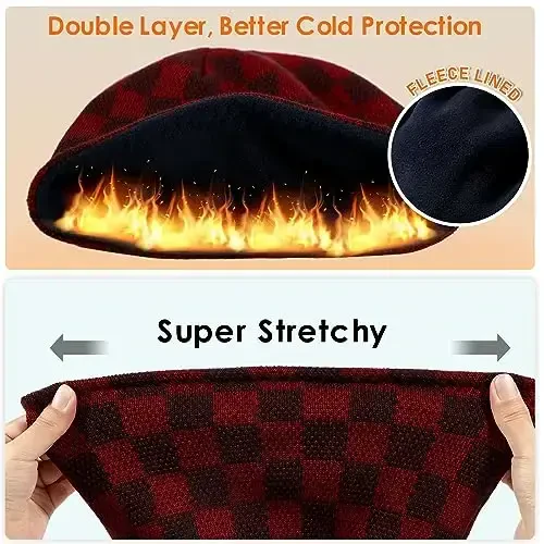 Winter Beanie Hat for Men Women Fleece Lined Thick Warm Plaid Knitted Skull Beanie Reversible Outdoor Windproof Ski Watch Cap - 4