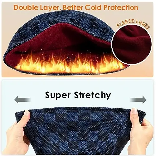 Winter Beanie Hat for Men Women Fleece Lined Thick Warm Plaid Knitted Skull Beanie Reversible Outdoor Windproof Ski Watch Cap - 4