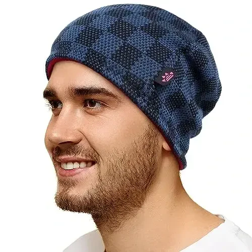 Winter Beanie Hat for Men Women Fleece Lined Thick Warm Plaid Knitted Skull Beanie Reversible Outdoor Windproof Ski Watch Cap - 3
