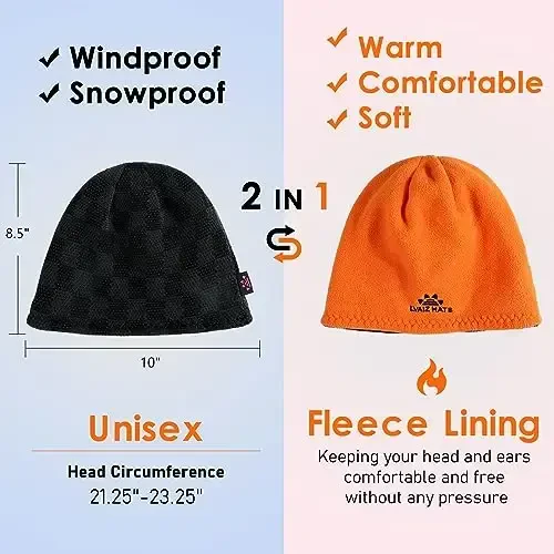 Winter Beanie Hat for Men Women Fleece Lined Thick Warm Plaid Knitted Skull Beanie Reversible Outdoor Windproof Ski Watch Cap - 5