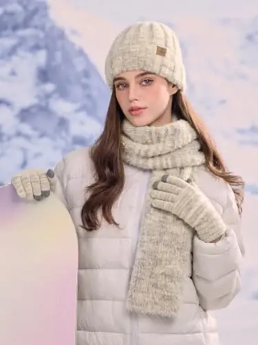 Winter Beanie Hat Gloves Scarf, CasModazoneere Hat Gloves Scarf Set Women Girls | Multiple Colors Winter Hats and Gloves for Women, Touchscreen Warm Gloves Set Gifts for Women Accessories - 5