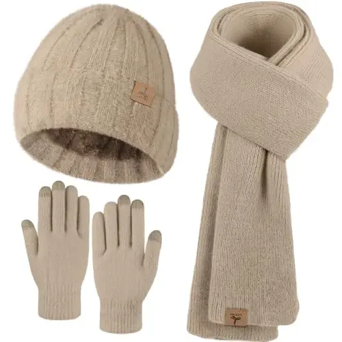 Winter Beanie Hat Gloves Scarf, CasModazoneere Hat Gloves Scarf Set Women Girls | Multiple Colors Winter Hats and Gloves for Women, Touchscreen Warm Gloves Set Gifts for Women Accessories - 1