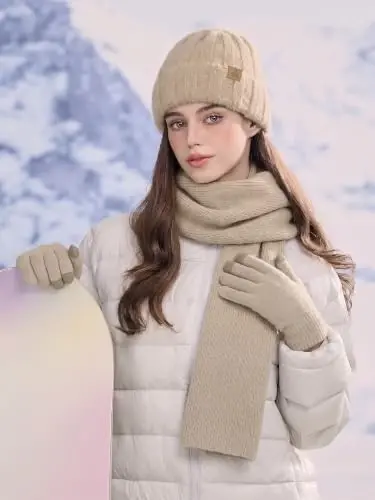 Winter Beanie Hat Gloves Scarf, CasModazoneere Hat Gloves Scarf Set Women Girls | Multiple Colors Winter Hats and Gloves for Women, Touchscreen Warm Gloves Set Gifts for Women Accessories - 5