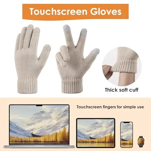 Winter Beanie Hat Gloves Set for Women, Pom Pom Fleece Lined Hat Knit Touchscreen Gloves - 3