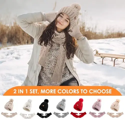 Winter Beanie Hat Gloves Set for Women, Pom Pom Fleece Lined Hat Knit Touchscreen Gloves - 5