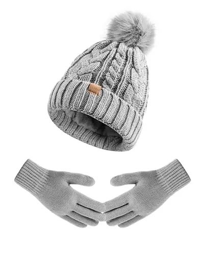 Winter Beanie Hat Gloves Set for Women, Pom Pom Fleece Lined Hat Knit Touchscreen Gloves - 1