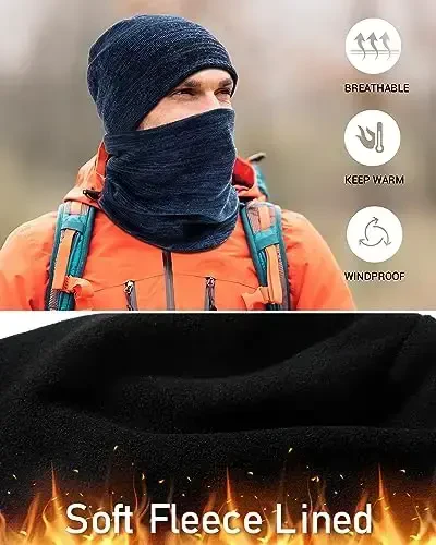Winter Beanie Hat Scarf for Men Women Knit Thick Fleece Lined Warm Windproof Ski Skull Cap Neck Warmer Gaiter Face Scarf Set - 4