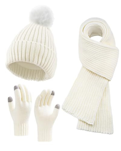 Winter Beanie Hat Scarf Gloves Set for Women, Fleece Knit Pompom Beanie Neck Warmer Long Scarf Touchscreen Gloves 3 in 1 Set - 1