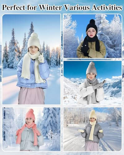 Winter Beanie Hat Scarf Gloves Set for Women, Fleece Knit Pompom Beanie Neck Warmer Long Scarf Touchscreen Gloves 3 in 1 Set - 11