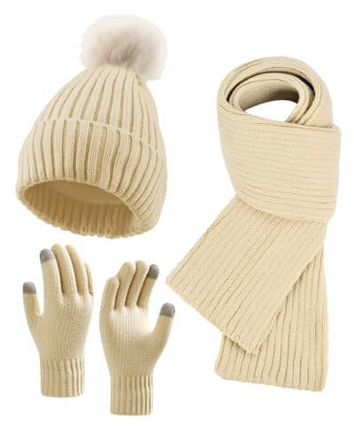 Winter Beanie Hat Scarf Gloves Set for Women, Fleece Knit Pompom Beanie Neck Warmer Long Scarf Touchscreen Gloves 3 in 1 Set - 2