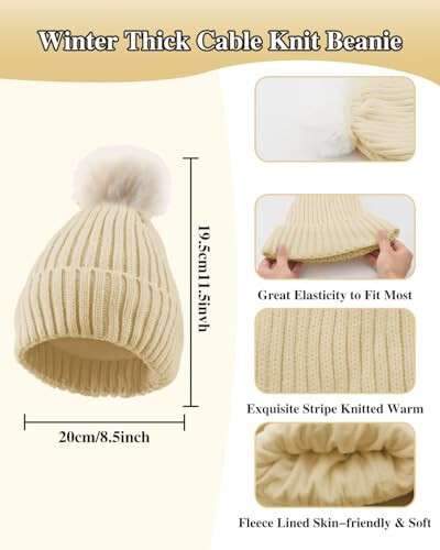 Winter Beanie Hat Scarf Gloves Set for Women, Fleece Knit Pompom Beanie Neck Warmer Long Scarf Touchscreen Gloves 3 in 1 Set - 3