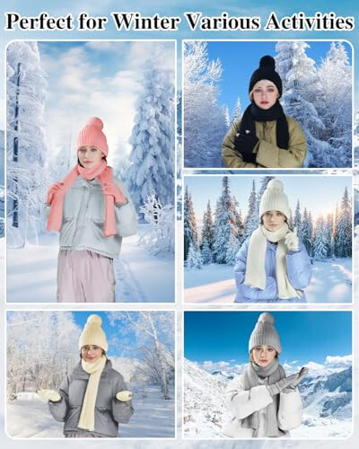 Winter Beanie Hat Scarf Gloves Set for Women, Fleece Knit Pompom Beanie Neck Warmer Long Scarf Touchscreen Gloves 3 in 1 Set - 6