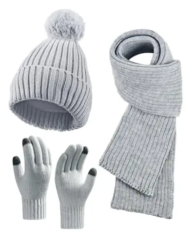 Winter Beanie Hat Scarf Gloves Set for Women, Fleece Knit Pompom Beanie Neck Warmer Long Scarf Touchscreen Gloves 3 in 1 Set - 1