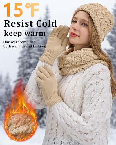 Winter Beanie Hat Scarf Gloves Set for Women, Fleece Lined Hats Touchscreen Gloves Long Scarf 3 In 1 Set for Cold Weather - 1