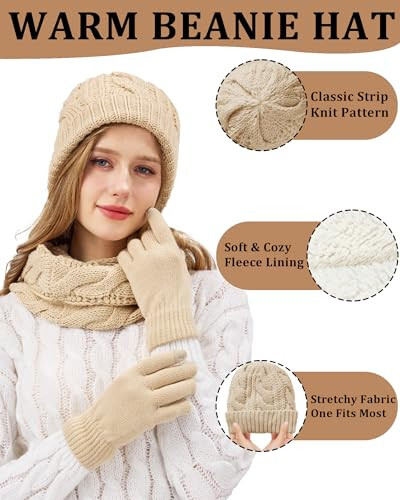 Winter Beanie Hat Scarf Gloves Set for Women, Fleece Lined Hats Touchscreen Gloves Long Scarf 3 In 1 Set for Cold Weather - 2