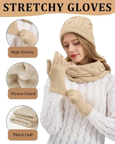 Winter Beanie Hat Scarf Gloves Set for Women, Fleece Lined Hats Touchscreen Gloves Long Scarf 3 In 1 Set for Cold Weather - 4