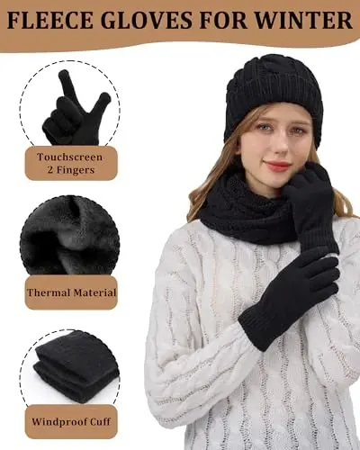Winter Beanie Hat Scarf Gloves Set for Women, Fleece Lined Hats Touchscreen Gloves Long Scarf 3 In 1 Set for Cold Weather - 3
