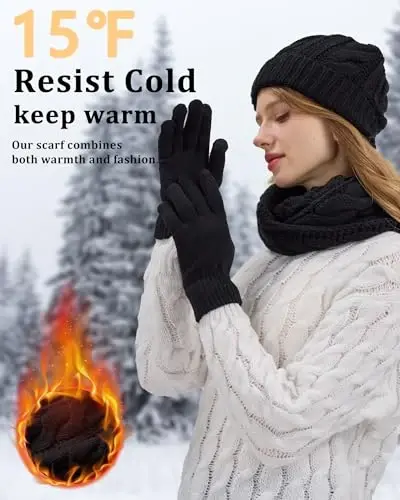 Winter Beanie Hat Scarf Gloves Set for Women, Fleece Lined Hats Touchscreen Gloves Long Scarf 3 In 1 Set for Cold Weather - 5