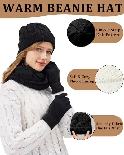 Winter Beanie Hat Scarf Gloves Set for Women, Fleece Lined Hats Touchscreen Gloves Long Scarf 3 In 1 Set for Cold Weather - 6