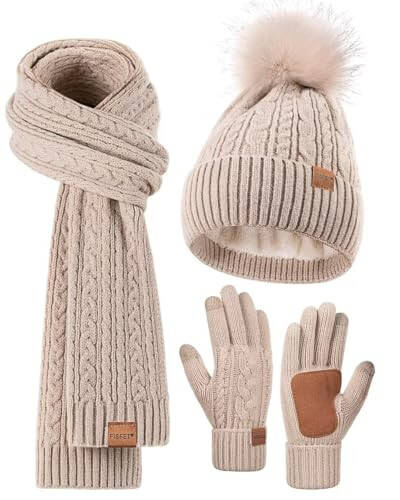 Winter Beanie Hat Scarf Gloves Set for Women, Pom Pom Beanie Fleece Lined Knit Neck Warmer Touchscreen Gloves 3 in 1 Gift Set - 1