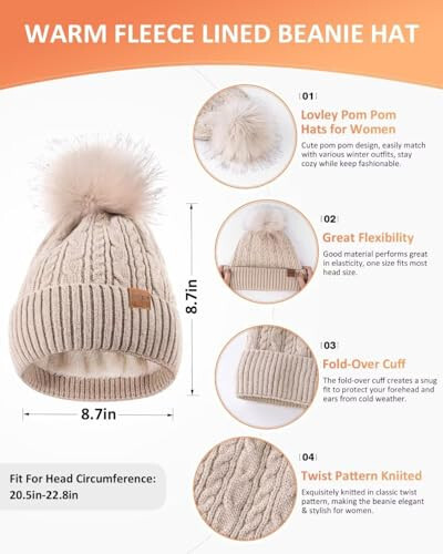 Winter Beanie Hat Scarf Gloves Set for Women, Pom Pom Beanie Fleece Lined Knit Neck Warmer Touchscreen Gloves 3 in 1 Gift Set - 2