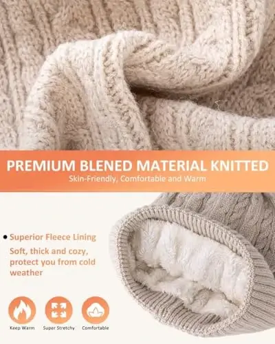 Winter Beanie Hat Scarf Gloves Set for Women, Pom Pom Beanie Fleece Lined Knit Neck Warmer Touchscreen Gloves 3 in 1 Gift Set - 7
