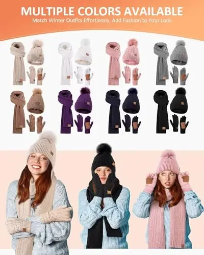 Winter Beanie Hat Scarf Gloves Set for Women, Pom Pom Beanie Fleece Lined Knit Neck Warmer Touchscreen Gloves 3 in 1 Gift Set 