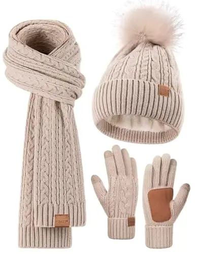 Winter Beanie Hat Scarf Gloves Set for Women, Pom Pom Beanie Fleece Lined Knit Neck Warmer Touchscreen Gloves 3 in 1 Gift Set - 3
