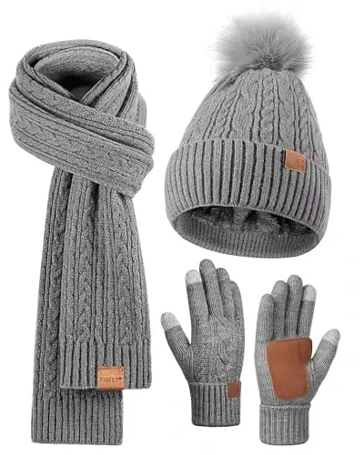 Winter Beanie Hat Scarf Gloves Set for Women, Pom Pom Beanie Fleece Lined Knit Neck Warmer Touchscreen Gloves 3 in 1 Gift Set 