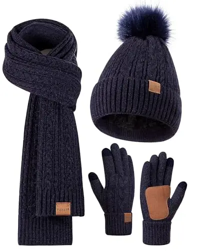 Winter Beanie Hat Scarf Gloves Set for Women, Pom Pom Beanie Fleece Lined Knit Neck Warmer Touchscreen Gloves 3 in 1 Gift Set 