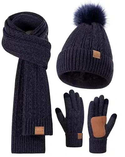 Winter Beanie Hat Scarf Gloves Set for Women, Pom Pom Beanie Fleece Lined Knit Neck Warmer Touchscreen Gloves 3 in 1 Gift Set - 1