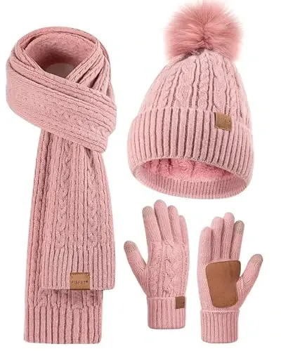 Winter Beanie Hat Scarf Gloves Set for Women, Pom Pom Beanie Fleece Lined Knit Neck Warmer Touchscreen Gloves 3 in 1 Gift Set 