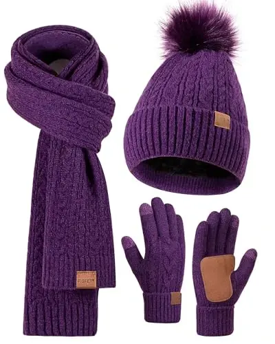 Winter Beanie Hat Scarf Gloves Set for Women, Pom Pom Beanie Fleece Lined Knit Neck Warmer Touchscreen Gloves 3 in 1 Gift Set 