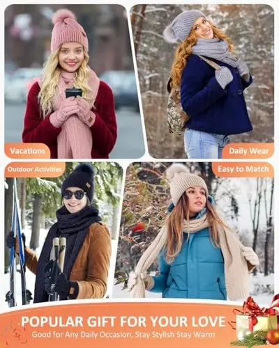Winter Beanie Hat Scarf Gloves Set for Women, Pom Pom Beanie Fleece Lined Knit Neck Warmer Touchscreen Gloves 3 in 1 Gift Set - 6