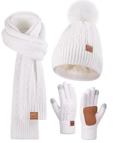 Winter Beanie Hat Scarf Gloves Set for Women, Pom Pom Beanie Fleece Lined Knit Neck Warmer Touchscreen Gloves 3 in 1 Gift Set - 7